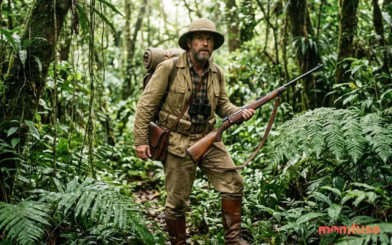 “historical hunter explorer in jungle, vintage clothing, rifle, realistic documentary style, natural lighting”