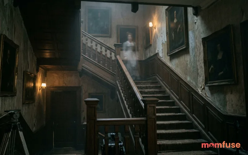 Historic haunted building with faint ghost apparition near staircase, foggy air, realistic documentary-style lighting