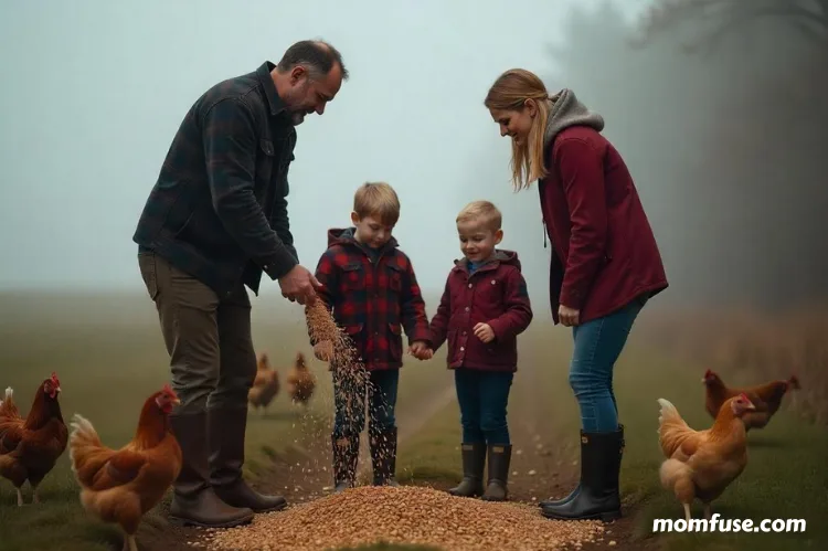A family feeding chickens on a rustic farm at sunrise.