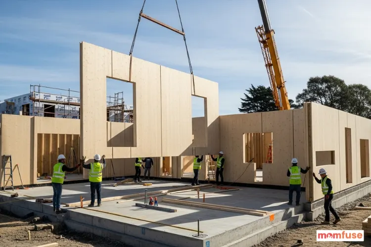 Prefabricated wooden wall panels being installed on modern home construction site.