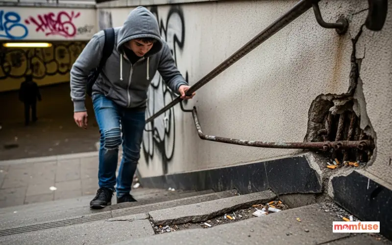 Person using uneven stairs with loose handrail, caution focus, realistic public setting.