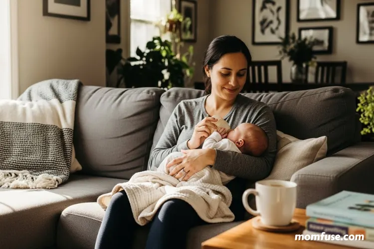 A mother sitting comfortably on a couch feeding a newborn baby.