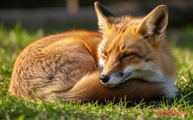 “female fox resting calmly in grass, soft expression, natural light, high detail fur, shallow depth of field”