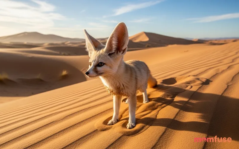 “fennec fox in desert sand dunes, large ears visible, bright sunlight, realistic texture, high detail”