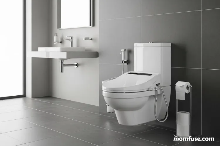 Create a warm, family-friendly bathroom scene featuring a modern bidet seat.