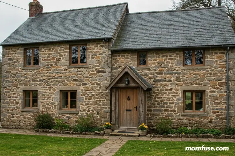 Rustic cottage-style home with a fieldstone veneer exterior, showcasing rounded, irregular natural stones.