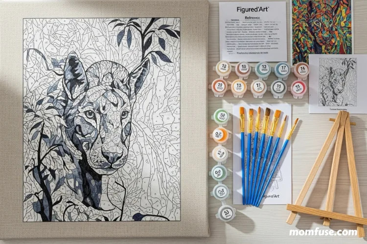 lat lay of Figured’Art paint by number kit including numbered linen canvas, acrylic paints.