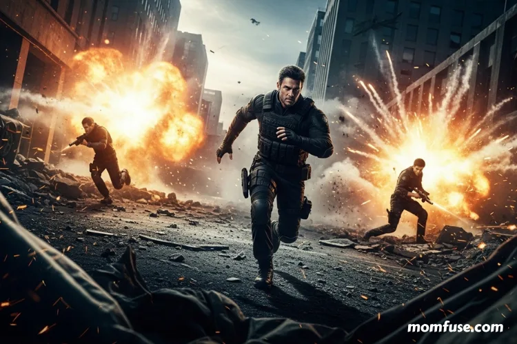 A cinematic action movie set with intense explosions, dramatic lighting.
