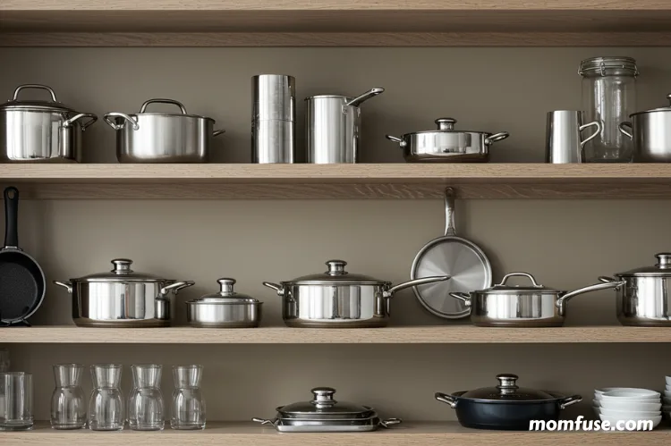 Collection of famous cookware brands displayed aesthetically on open kitchen shelves.