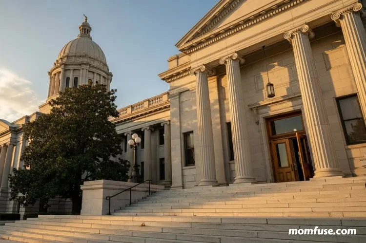 A courthouse exterior during daylight, calm sky, symbolic sense of closure and transition.