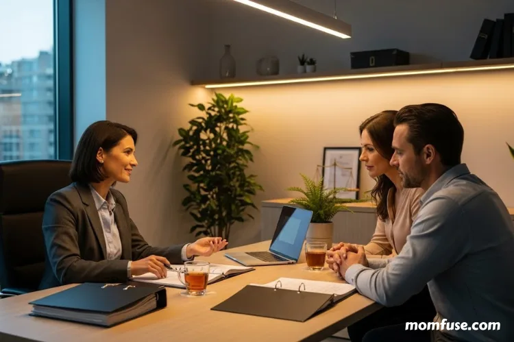 A modern office scene with a lawyer calmly advising a parents across a desk.