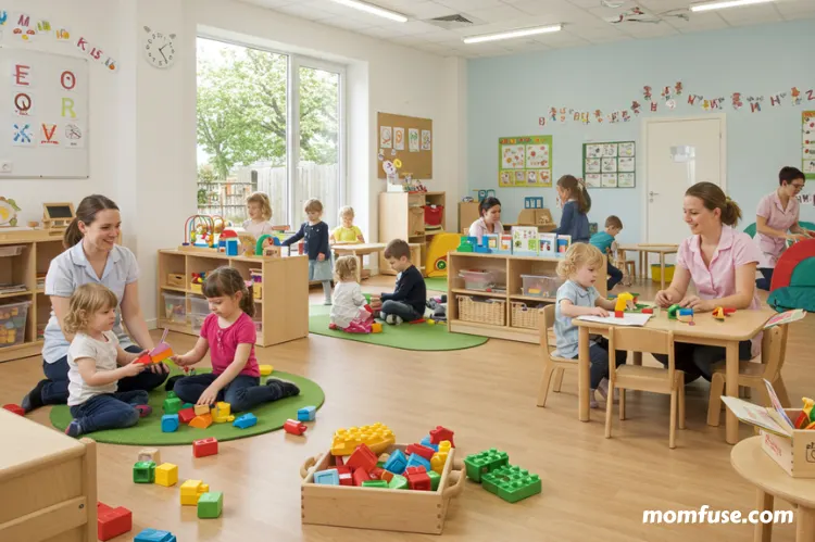 happy children playing in a bright, safe childcare center with caring teachers.