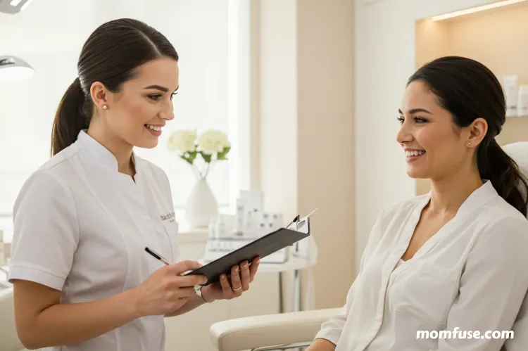 A serene med spa interior with a professional aesthetician consulting a smiling mom.