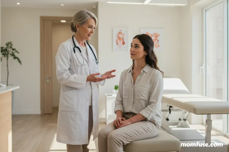 A female doctor gently talking to a patient in a modern clinic office.