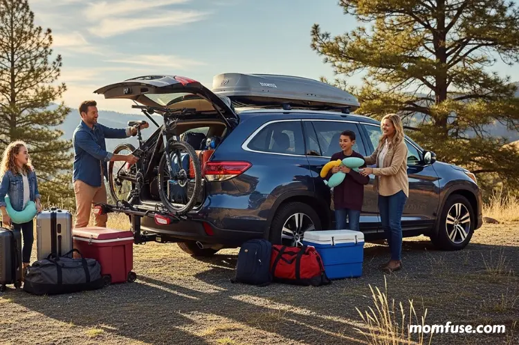Family preparing for a road trip with luggage and bikes near a spacious preowned SUV in nature.