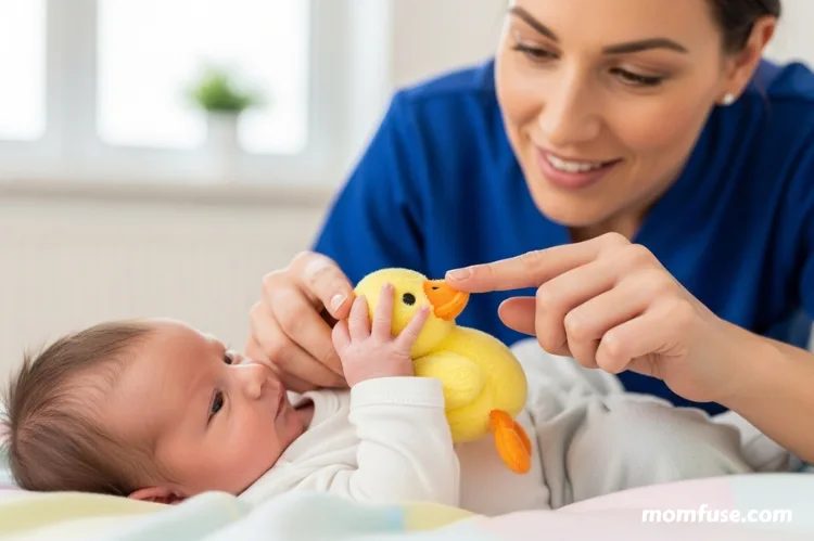 A newborn grasping a soft toy while guided by an occupational therapist.
