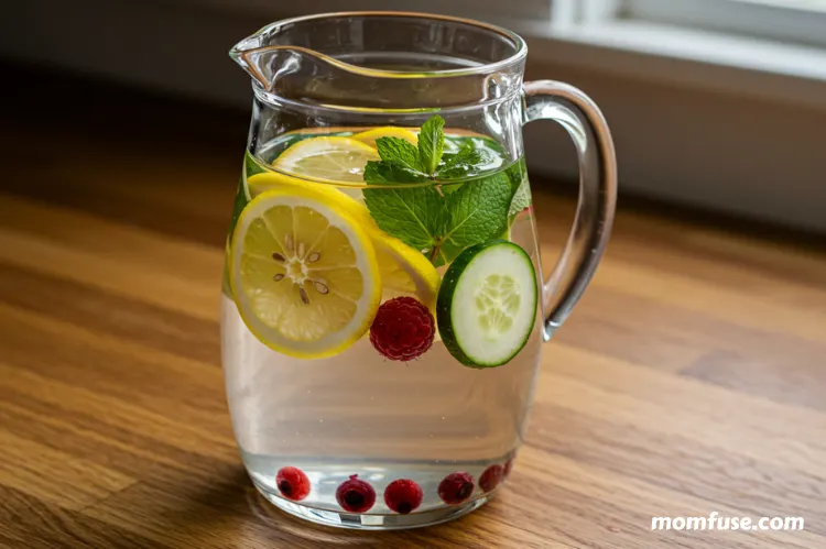 A jug of water infused with lemon slices, cucumber, berries, and mint leaves on a kitchen countertop.