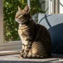 A healthy domestic cat wearing a flea collar, sitting comfortably indoor near a window.
