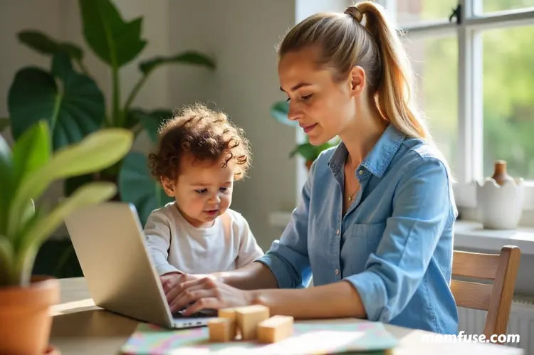 A modern home workspace with a mother using a laptop at a cozy desk a child plays nearby.