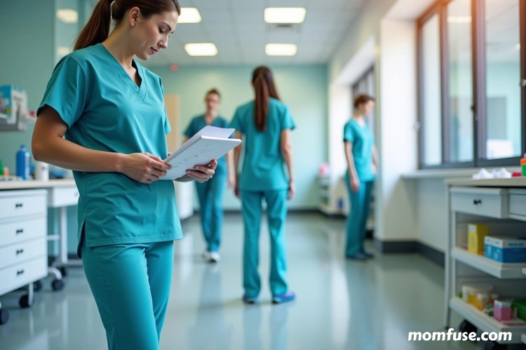 A healthcare professional in a modern hospital setting wearing stretchable spandex scrubs