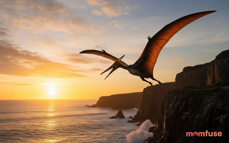 Pterodactyl soaring above cliffs and ocean, wide wingspan, golden sunset lighting, realistic sky