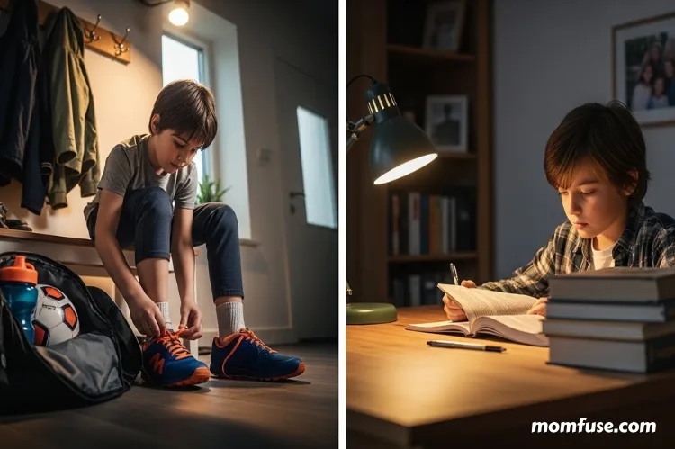 A split-scene style image showing a child tying sports shoes or packing.