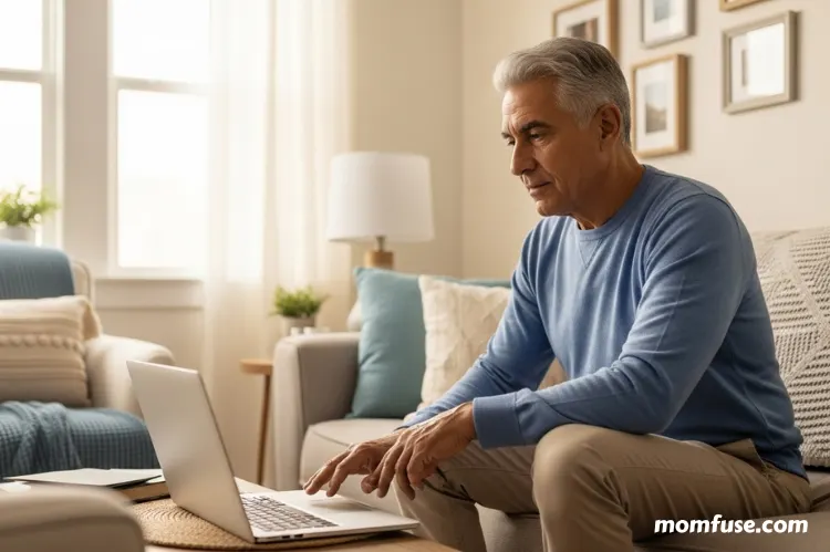 A person in a cozy living room environment participating in a virtual therapy session.