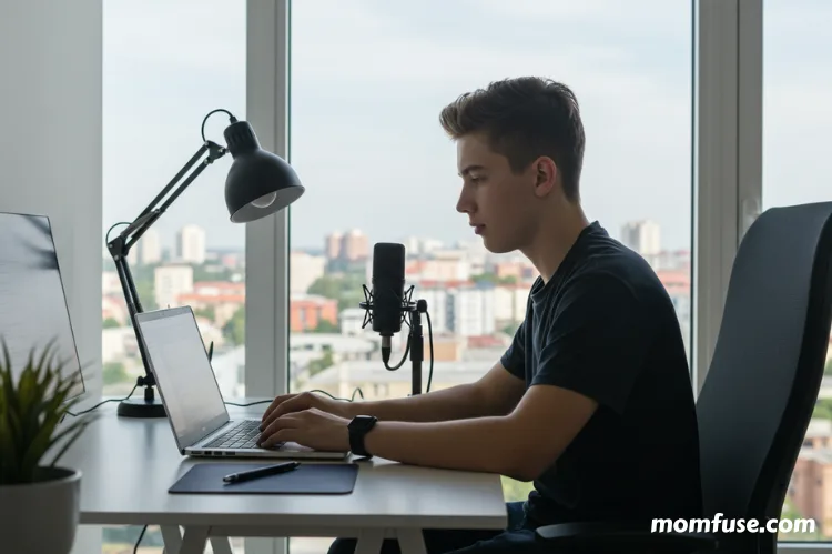 A modern workspace showing a teenager practicing coding, speaking with a mic.