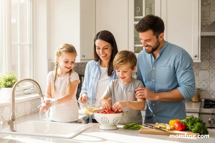 A cheerful family in a bright kitchen with children washing hands and helping prepare vegetables.