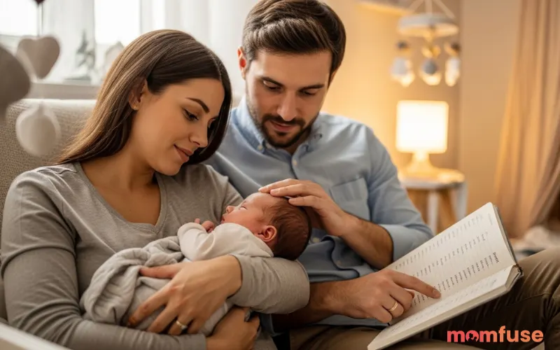 Young parents holding their newborn baby while discussing baby names from a notebook, gentle warm lighting, cozy nursery room, loving expressions, soft natural atmosphere symbolizing thoughtful name selection
