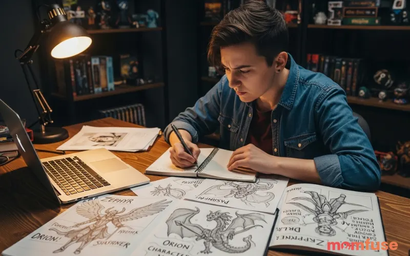 Creative writer or game designer working at a desk with a laptop and sketches of fantasy characters, notes with powerful mythological names, intense focus while brainstorming character names, dark creative studio lighting, realistic human subject