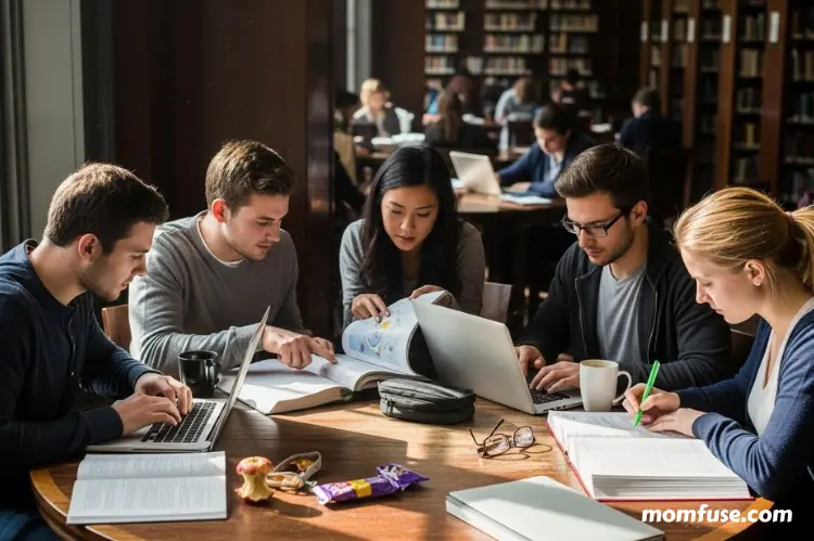 Small group of students studying together at a round table.