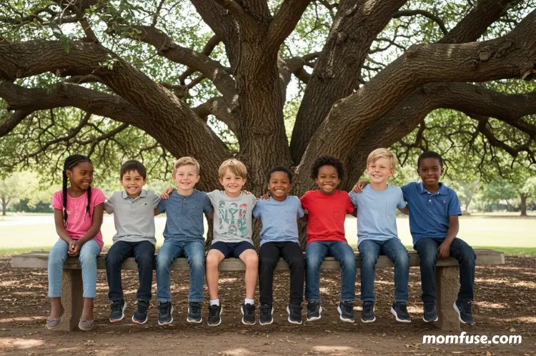 A diverse group of children sitting together on a wooden bench under a big tree.