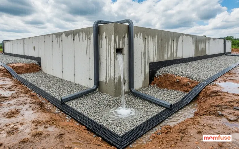 Home foundation with proper grading and drainage system after rain.