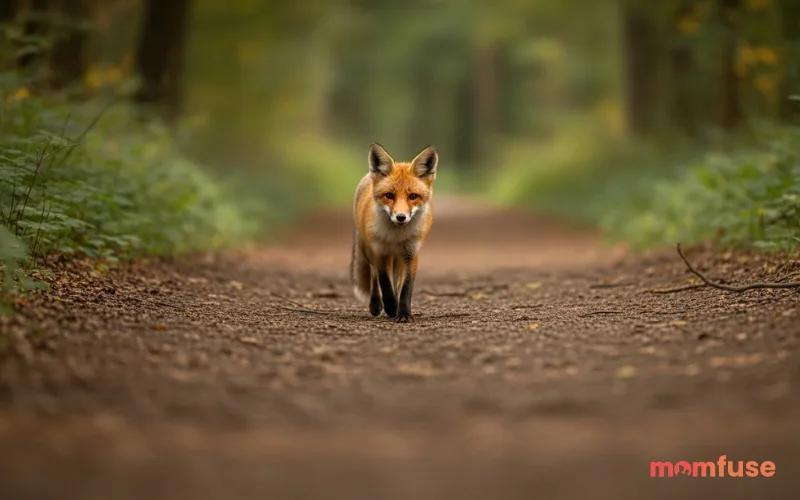 “realistic fox walking through forest path, balanced composition, soft natural lighting, high detail, storytelling wildlife shot”