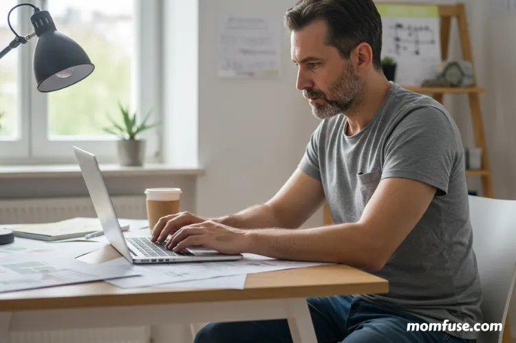 A focused father freelancer typing on a laptop with design sketches.-fexible career paths