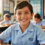 A happy school-aged child wearing a crisp French Toast school uniform shirt, smiling in a classroom.