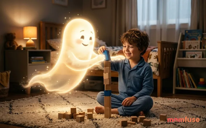 Bright glowing ghost helping a child in a softly lit room, warm and wholesome atmosphere, realistic human interaction, emotional tone
