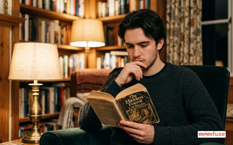 thoughtful young man holding book, serious expression, indoor warm lighting, cozy background.