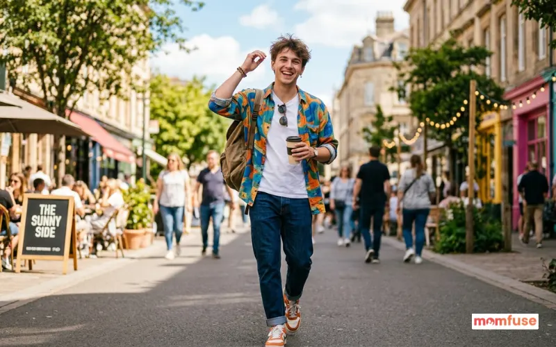 playful young man smiling, casual colorful outfit, bright daylight, cheerful expression.