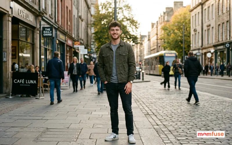 confident young man in casual jacket, standing in city street, natural light, relaxed pose.