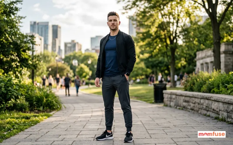 fit young man with focused expression, standing confidently, modern outfit, outdoor background.