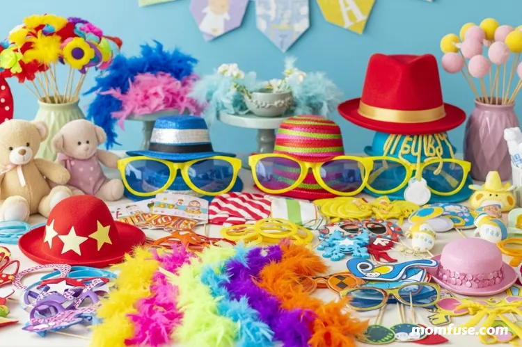 A table full of colorful and playful photo booth props for a baby shower.