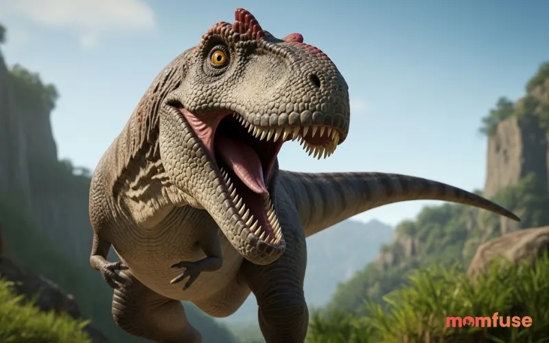 Cartoonishly expressive dinosaur making silly face, exaggerated pose, playful environment, but rendered in realistic texture and lighting