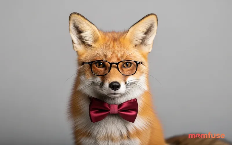 A high-quality studio pet portrait of a dignified red fox wearing a tiny, real silk bow-tie and a miniature pair of black-rimmed glasses.