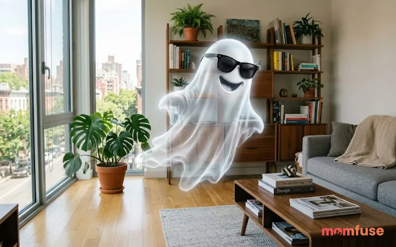 Playful ghost wearing sunglasses and floating in a modern room, humorous vibe, soft lighting, realistic but lighthearted mood