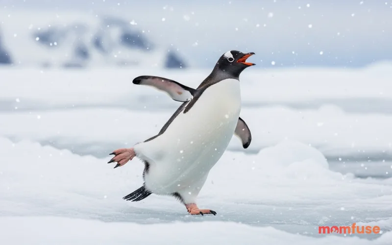 Penguin slipping on ice mid-motion, humorous natural moment, action freeze frame, snowy environment, realistic wildlife capture