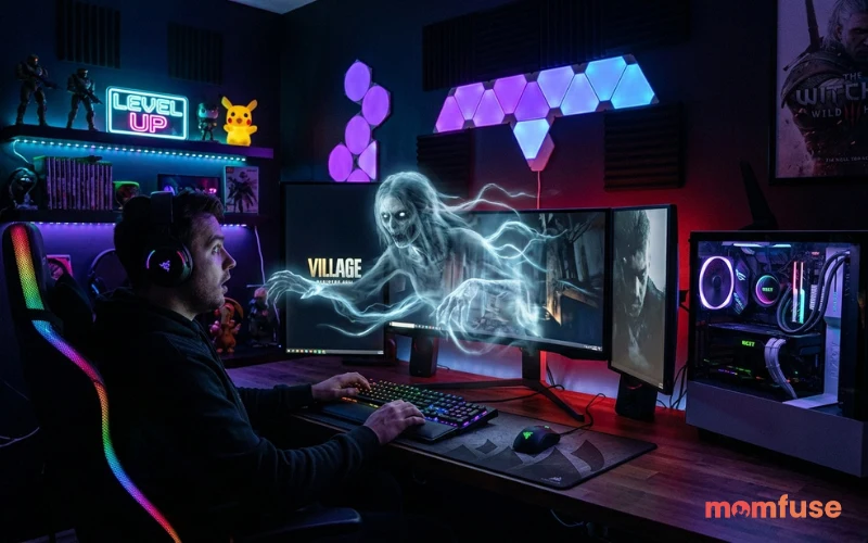 Dark gaming room with glowing monitor and ghost-like reflection emerging from screen, neon lighting, realistic modern setup