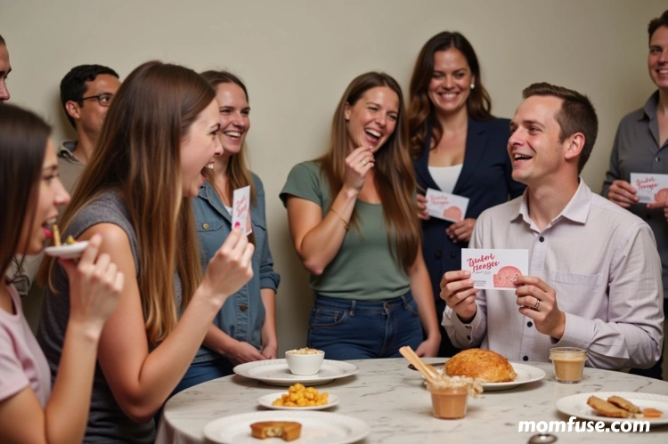 A group of guests laughing and participating in a fun gender reveal trivia game