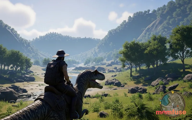 Player riding dinosaur in open-world prehistoric game environment, third-person view, cinematic lighting, realistic style